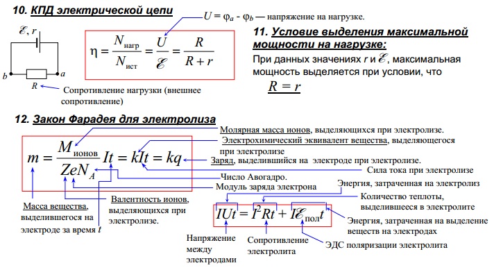 КПД, мощность электрической цепи, закон Фарадея