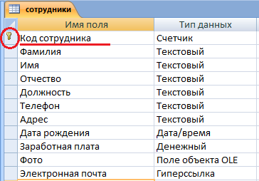 Ключевое поле в таблице Сотрудники