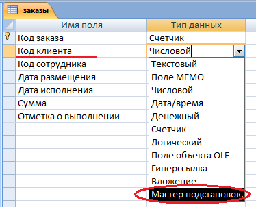 Создание раскрывающегося списка с помощью Мастера подстановок